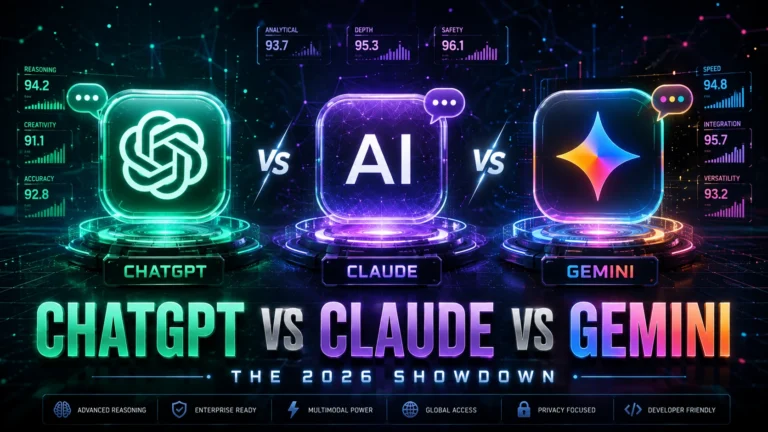 Comparison of ChatGPT, Claude, and Gemini AI chatbots in a futuristic digital showdown. Three glowing AI icons in green, purple, and multicolored neon against a dark cyberpunk background with neural network connections and glowing headline text reading "ChatGPT vs Claude vs Gemini: The 2026 Showdown"