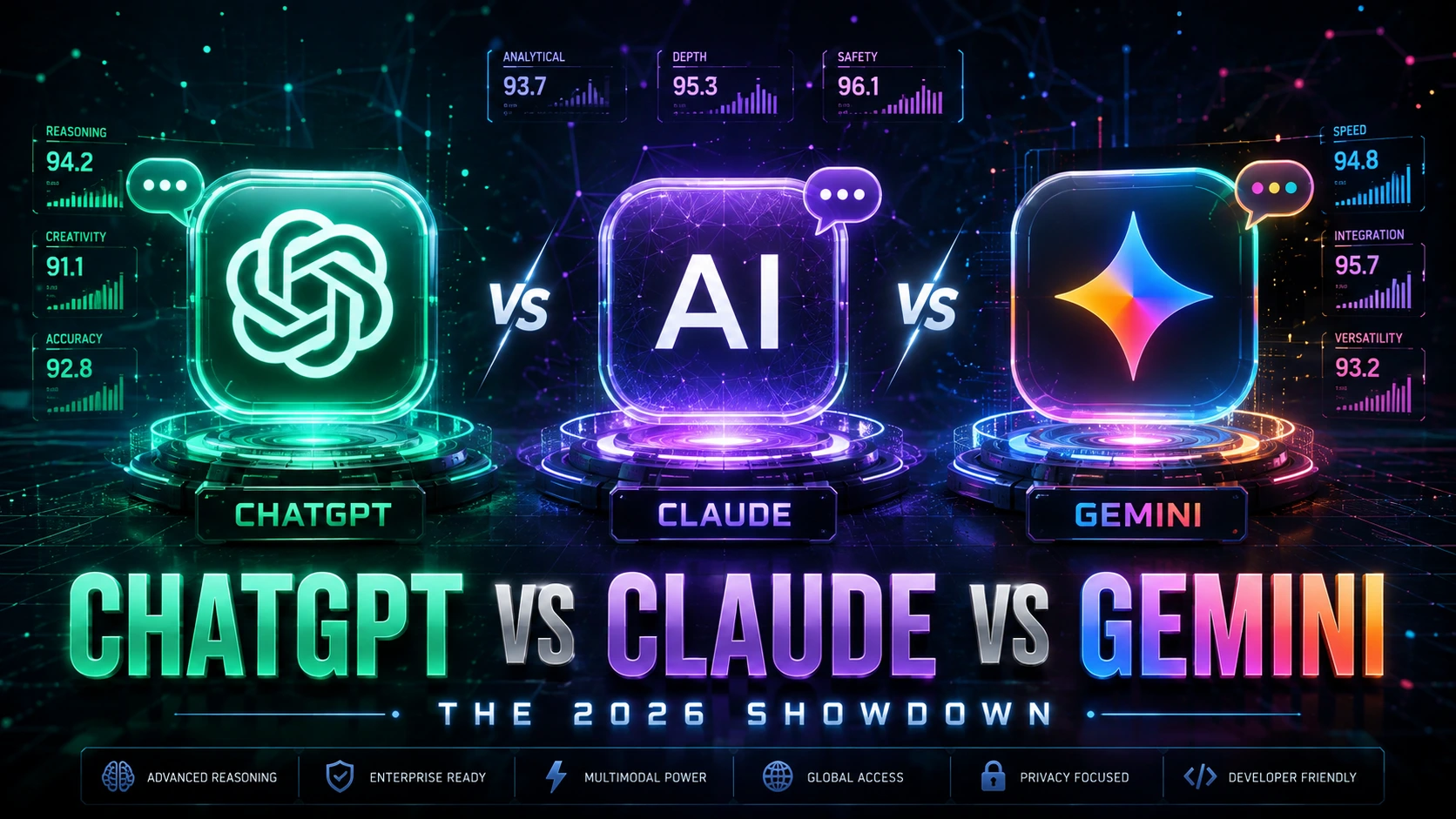 Comparison of ChatGPT, Claude, and Gemini AI chatbots in a futuristic digital showdown. Three glowing AI icons in green, purple, and multicolored neon against a dark cyberpunk background with neural network connections and glowing headline text reading "ChatGPT vs Claude vs Gemini: The 2026 Showdown"