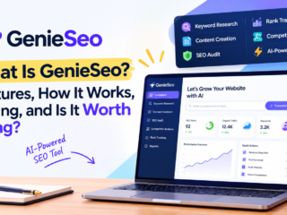 GenieSeo AI-powered SEO tool dashboard showing keyword research, content creation, SEO audits, rank tracking, and competitor analysis.