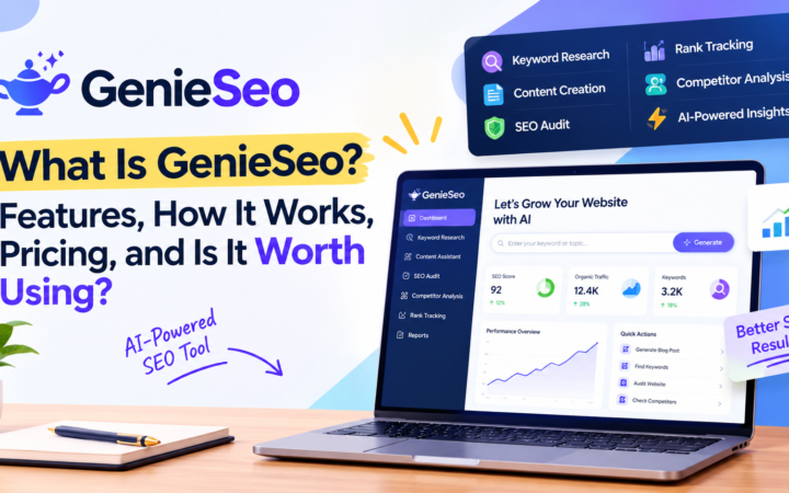 GenieSeo AI-powered SEO tool dashboard showing keyword research, content creation, SEO audits, rank tracking, and competitor analysis.