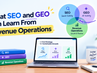 Illustration showing how SEO, GEO, and revenue operations work together to improve search visibility, AI visibility, and business growth.