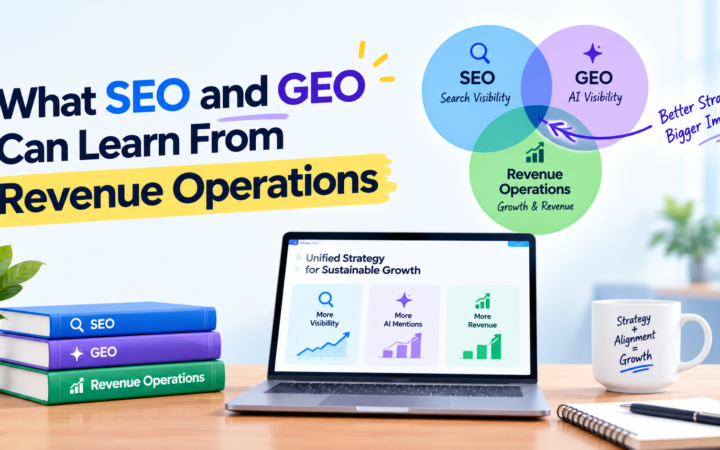 Illustration showing how SEO, GEO, and revenue operations work together to improve search visibility, AI visibility, and business growth.
