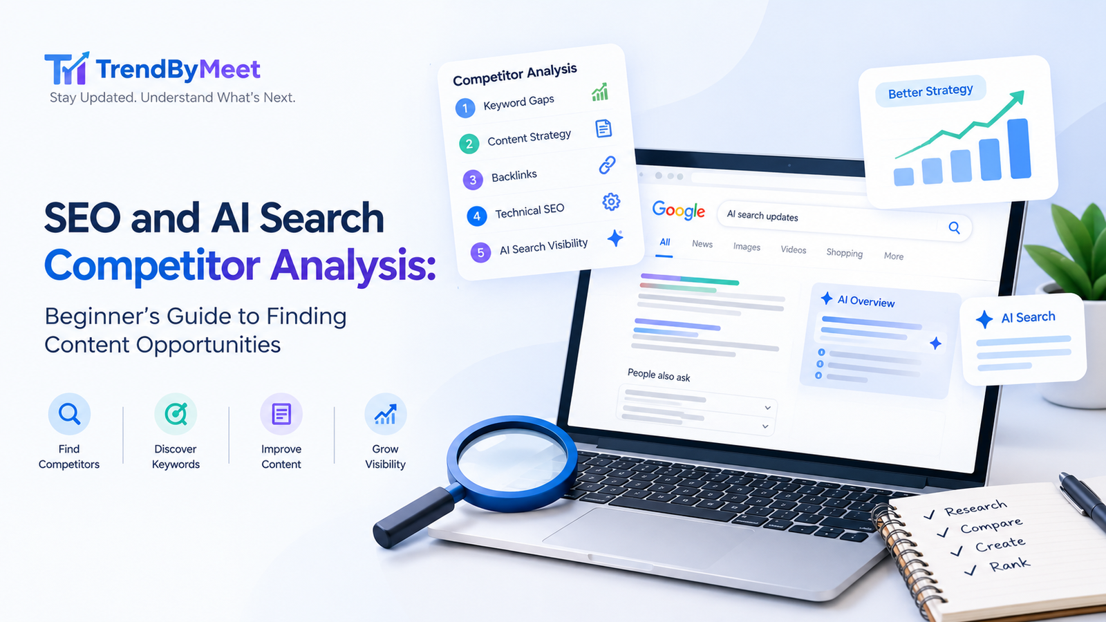 SEO and AI search competitor analysis illustration showing keyword research, competitor tracking, AI search results, and content strategy on a laptop.